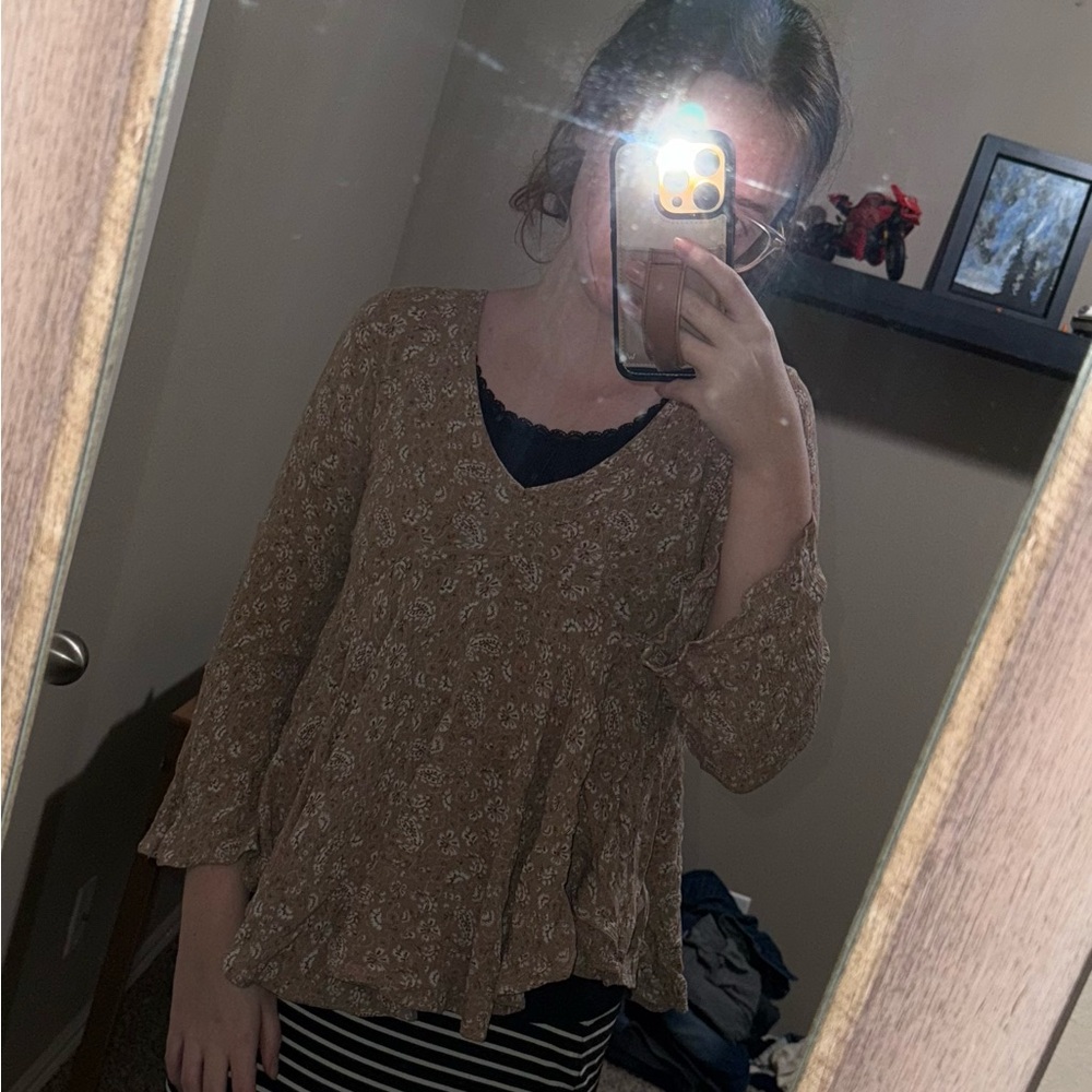 Brown and Tan Ruffled Relaxed Blouse